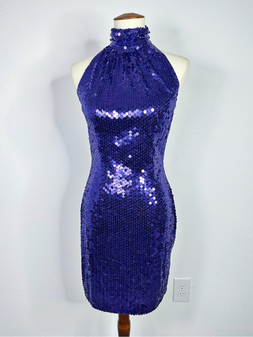 VINTAGE NiteLine Purple Sequin Halter Sheath Dress size 8